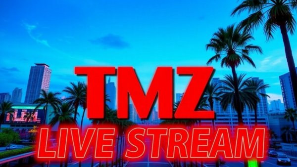 TMZ Live Stream vibrant graphic with palm trees backdrop.