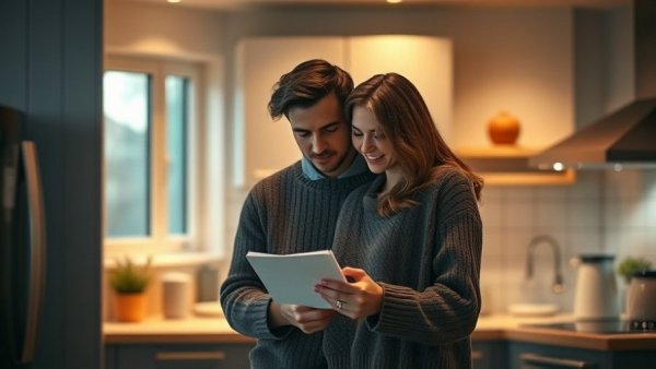 Intimate couple in a cozy kitchen, reading a letter together.