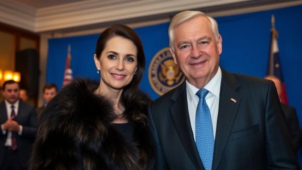 Elegant woman and politician posing together at a formal event with blue backdrop.
