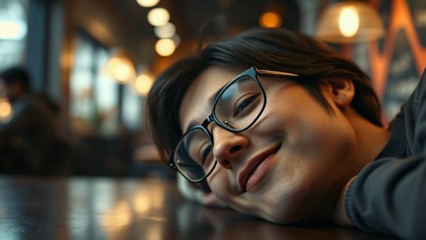 Close-up view of a person with glasses lying on a table with a subtle smile.