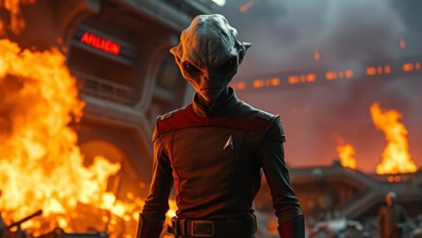 Alien in Starfleet amidst flames at Starfleet Academy disaster.