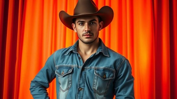 Stylish young man in denim and cowboy hat, vibrant backdrop, Destin Conrad Grammy Nomination