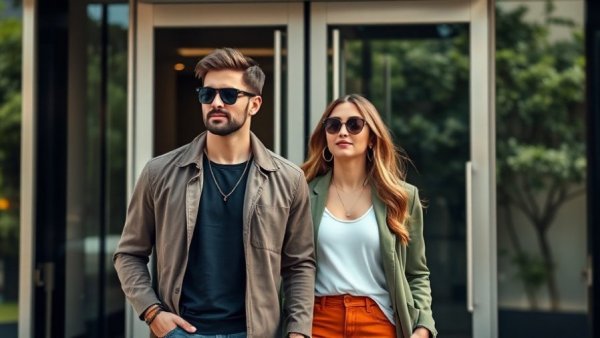 Stylish couple leaving a building amid dating rumors.