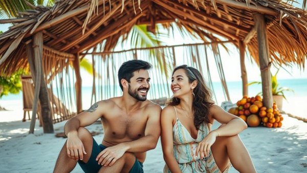 Send Help movie scene with tropical beach and characters.