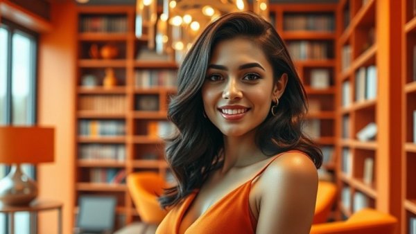 Elegant woman posing confidently in a modern studio, rich tones