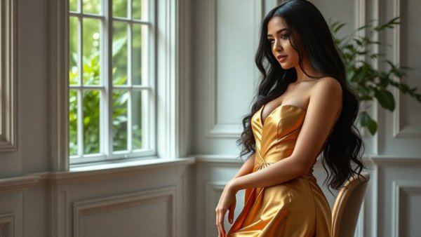 Charli XCX fashion premiere: woman in gold gown posing elegantly indoors.