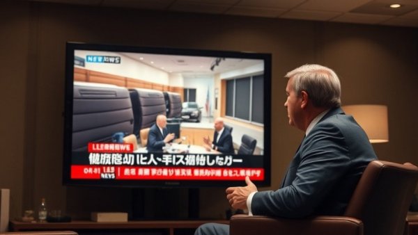 News broadcast image of two men in conversation during a press conference.