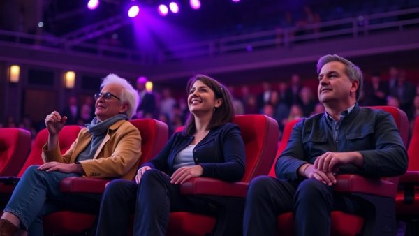 The Voice coaches react during Il Mondo Blind Auditions with vibrant purple lights.