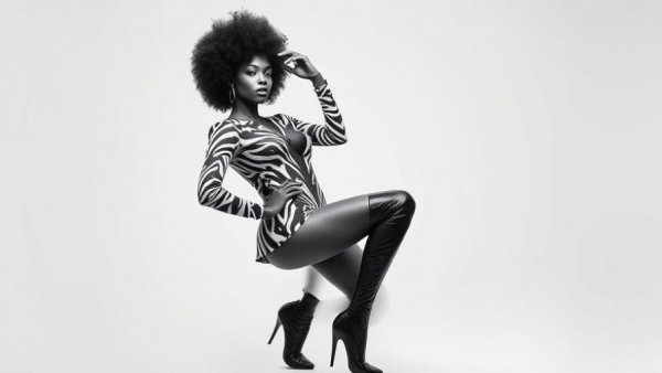 Stylish woman in zebra outfit posing confidently, Armanii debut album The Impact.