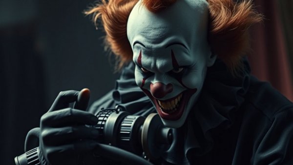 Sinister clown holding device, Terrifier 4 Final Movie Insights, dark setting.
