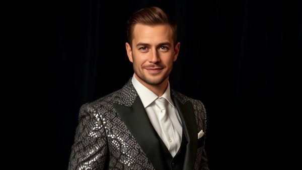 Man in glittery suit, posing confidently, Harry Styles hair transplant rumors.