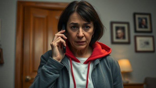 Scream 7 Review: Anxious woman on phone in dimly lit room.
