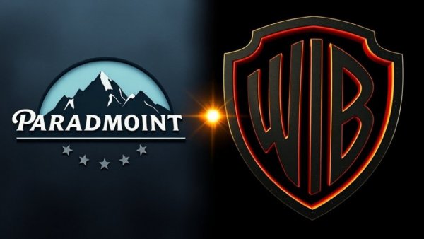 Dramatic representation of Paramount Vs Warner Bros logos in symbolic contrast.