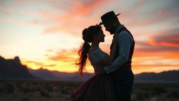 Couple embracing in Victorian attire at sunset, a desert backdrop.