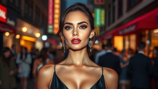 Elegant woman in fashion with bold makeup and confident pose in urban setting.