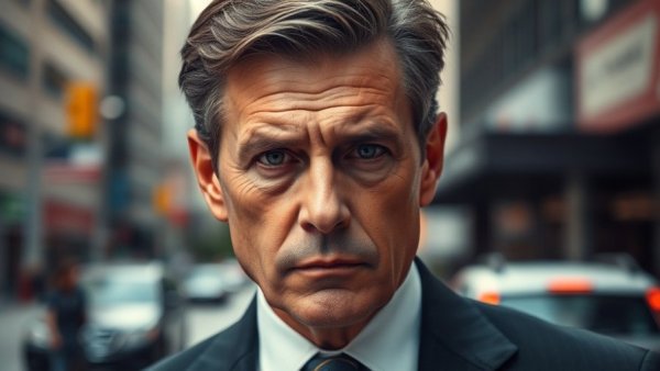 Intense middle-aged man in suit, House of Cards political thriller theme.