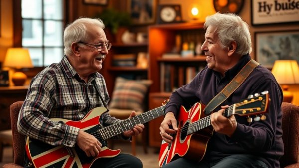 Discussion in music studio, British flag guitar, Spinal Tap II scene.