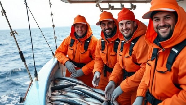 Fishermen in orange gear on boat, posing at sea.