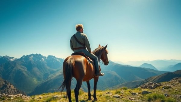 The Legend of Khiimori rider overlooking picturesque landscape in mountains.