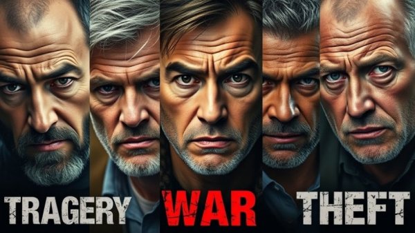 Collage of men with themes of tragedy, war, theft - celebrity stories and global issues.