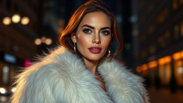 Brooks Nader bikini trend: woman in white fur coat at night.