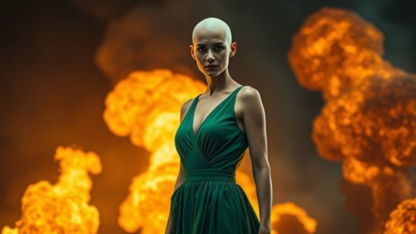 Elegant woman in green dress amid fiery explosions, symbolizing rise to fame.