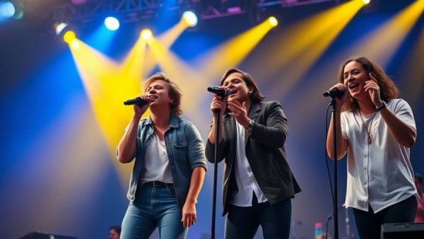 Artists performing passionately on vibrant stage with colorful lights.