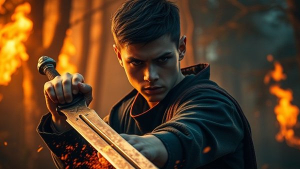 Intense scene of a young man holding a sword in a fantasy forest.