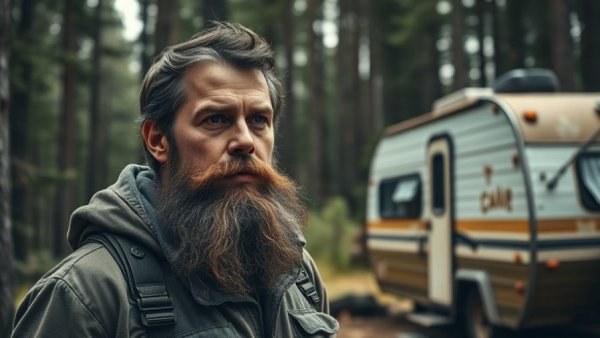 Rugged man in forest setting near weathered camper from Midnight Mass Netflix Horror Series.