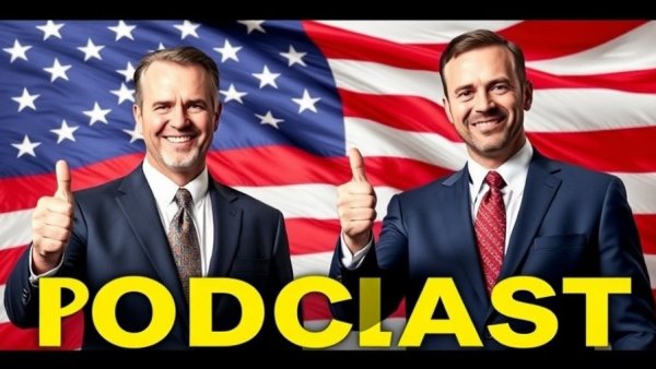 Podcast graphic featuring two men in suits, possibly related to politics, against an American flag.