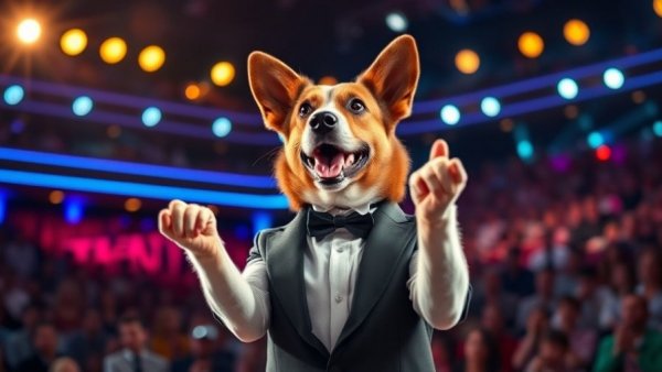 Canine Stars in Entertainment: Dog humorously posed as a talent show judge.
