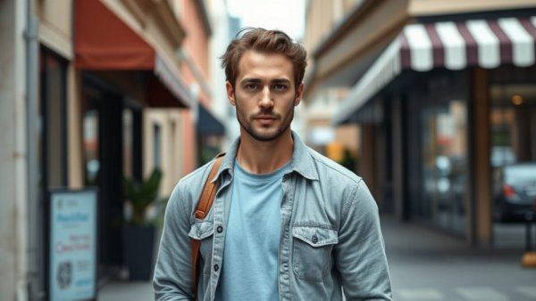 Individual in casual attire under awning on urban street