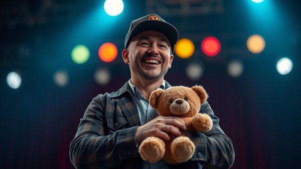 Magician on stage with teddy bear under spotlight during performance