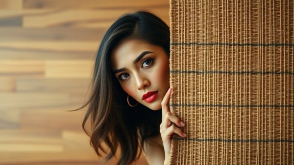 Stylish woman peeks over woven partition in modern room.