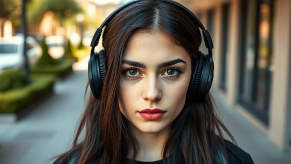 Young woman wearing headphones on a city sidewalk.