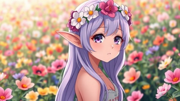 Anime elf girl in floral field from a game-changing anime series.