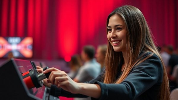 Young woman smiling at a televised competition with a buzzer, related to creative battles in art and entertainment.