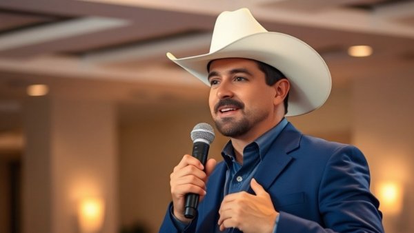 Charismatic adult in cowboy hat speaking into microphone at event