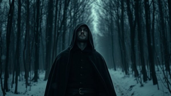 Atmospheric scene with a cloaked character in a snowy forest.