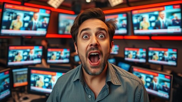 Media office setting with man and news imagery, surprised expression.