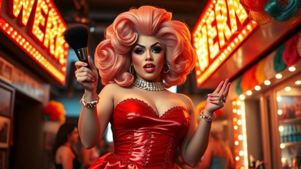 Recap of Drag Race Season 18 Episode 13, vibrant drag queen in red.