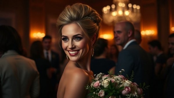 Elegant woman in evening dress holding bouquet at event, smiling.