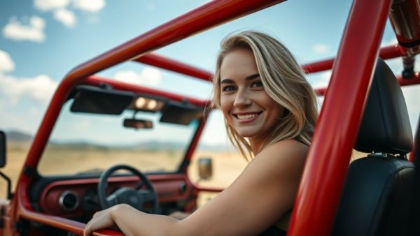 Blonde woman smiling in a red roll-cage jeep, outdoors.