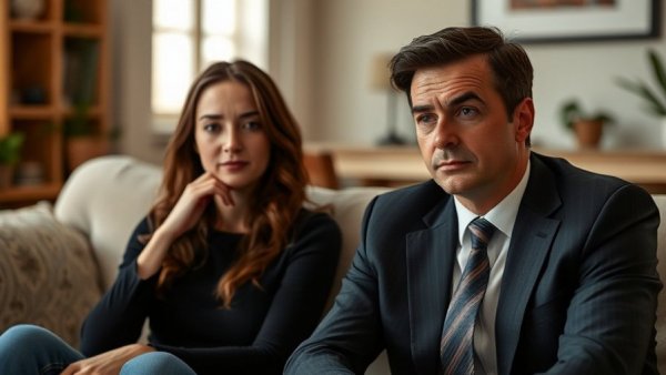 Casual woman and formal man indoors, contemplative and serious expressions, domestic setting.