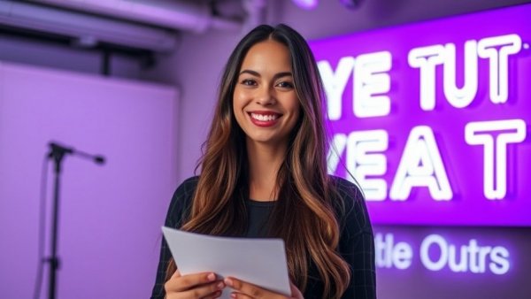 Podcast guest smiling in a studio with neon banner.