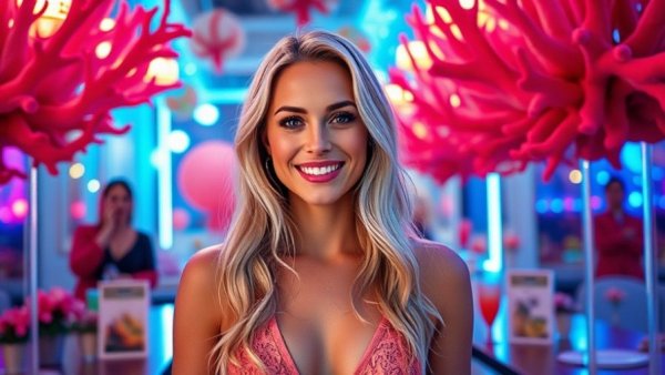 Blonde woman smiling at a coral-themed party backdrop