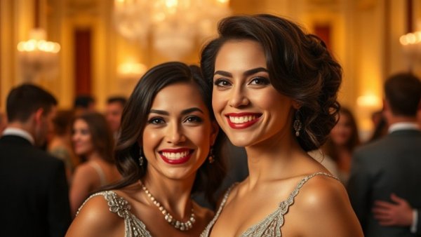 Elegant couple posing at formal event, reflecting humor and warmth.