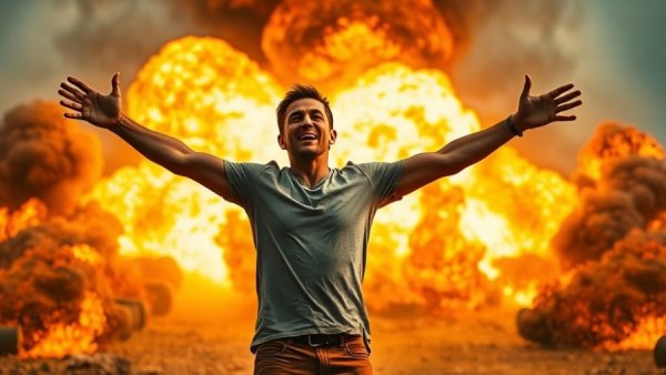 Dramatic fiery scene with a man confidently standing before explosions.