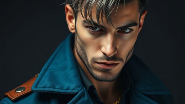 Pensive man with dyed hair and gold chain, dark background.