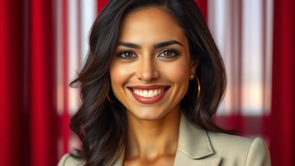 Meghan Markle smiling in a beige blazer against a red backdrop.